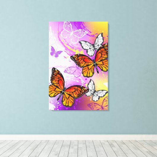 Monarch Butterflies op Paarse achtergrond Canvas Afdruk (Insitu (Houten vloer))