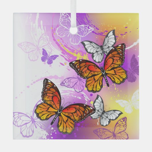 Monarch Butterflies op Paarse achtergrond Glas Ornament (Voorkant)