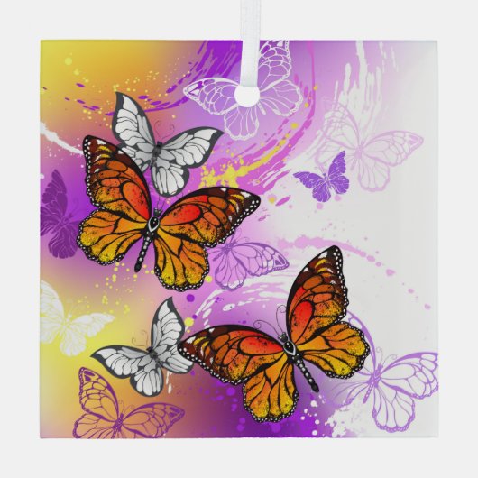 Monarch Butterflies op Paarse achtergrond Glas Ornament (Achterkant)