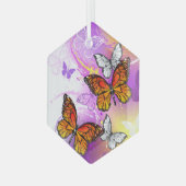 Monarch Butterflies op Paarse achtergrond Glas Ornament (Voorkant links)