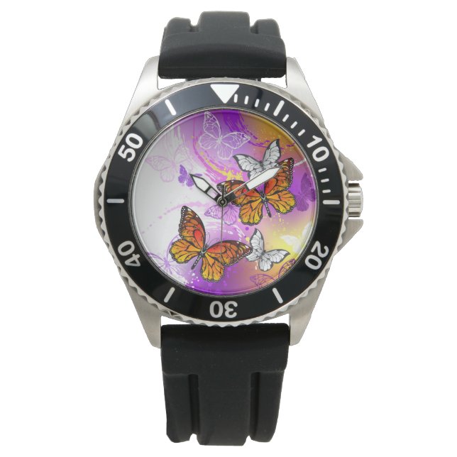 Monarch Butterflies op Paarse achtergrond Horloge (Voorkant)