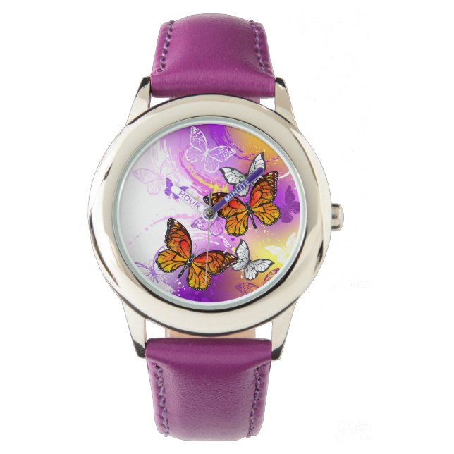 Monarch Butterflies op Paarse achtergrond Horloge (Voorkant)
