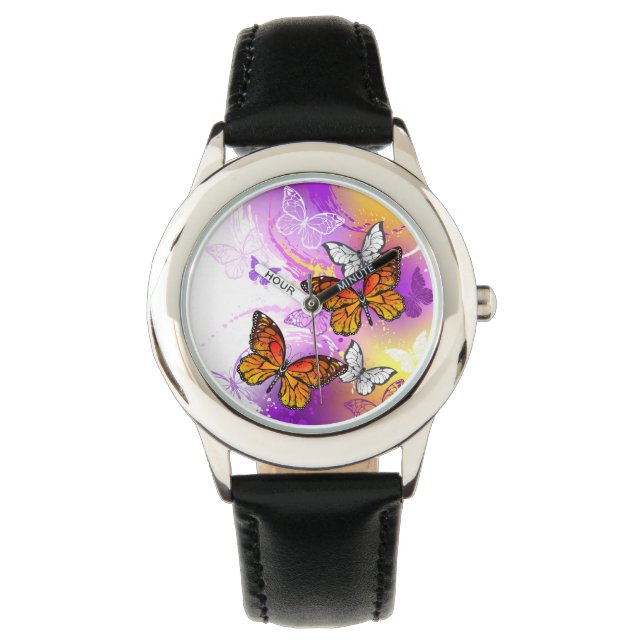 Monarch Butterflies op Paarse achtergrond Horloge (Voorkant)