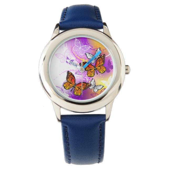 Monarch Butterflies op Paarse achtergrond Horloge (Voorkant)