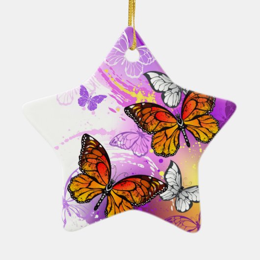 Monarch Butterflies op Paarse achtergrond Keramisch Ornament (Achterkant)