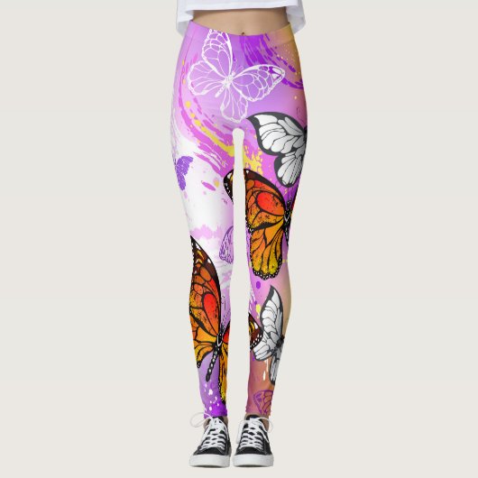 Monarch Butterflies op Paarse achtergrond Leggings (Voorkant)