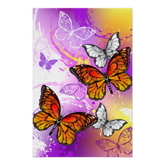 Monarch Butterflies op Paarse achtergrond Perfect Poster (Voorkant)