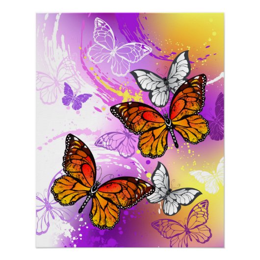 Monarch Butterflies op Paarse achtergrond Perfect Poster (Voorkant)