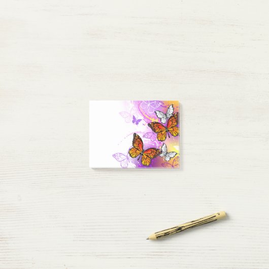 Monarch Butterflies op Paarse achtergrond Post-it® Notes (Op bureau)