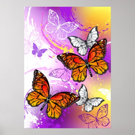 Monarch Butterflies op Paarse achtergrond Poster (Voorkant)