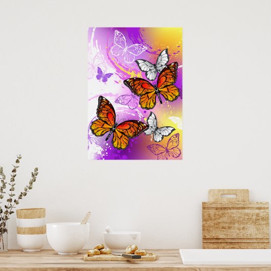 Monarch Butterflies op Paarse achtergrond Poster (Keuken)