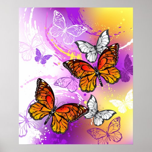 Monarch Butterflies op Paarse achtergrond Poster (Voorkant)