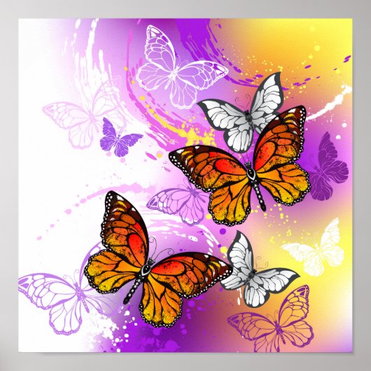 Monarch Butterflies op Paarse achtergrond Poster (Voorkant)