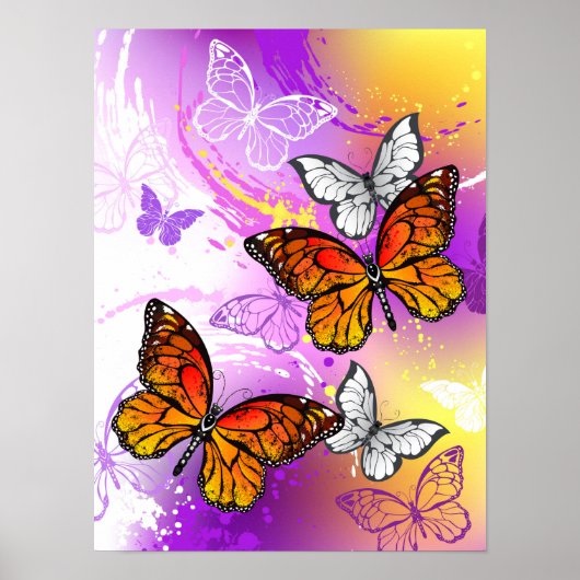 Monarch Butterflies op Paarse achtergrond Poster (Voorkant)
