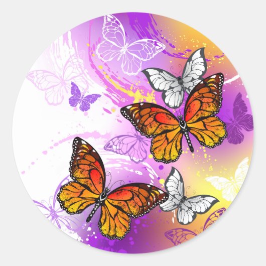 Monarch Butterflies op Paarse achtergrond Ronde Sticker (Voorkant)