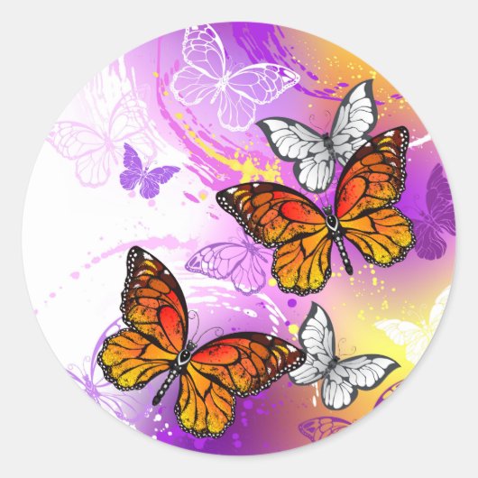 Monarch Butterflies op Paarse achtergrond Ronde Sticker (Voorkant)
