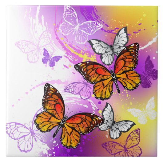 Monarch Butterflies op Paarse achtergrond Tegeltje (Voorkant)