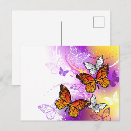 Monarch Butterflies op Paarse achtergrond Uitnodiging Briefkaart (Voorkant / Achterkant)