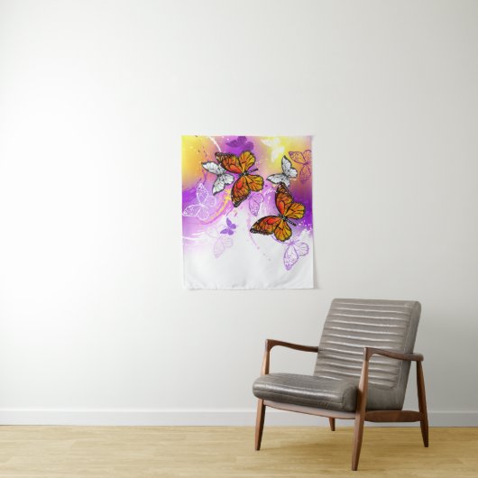 Monarch Butterflies op Paarse achtergrond Wandkleed (In situ)