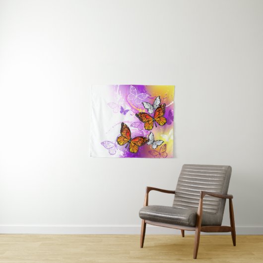 Monarch Butterflies op Paarse achtergrond Wandkleed (In Situ (horizontaal))