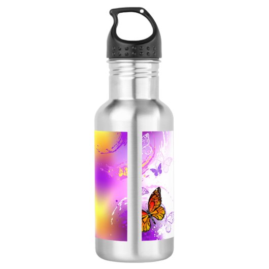 Monarch Butterflies op Paarse achtergrond Waterfles (Achterkant)