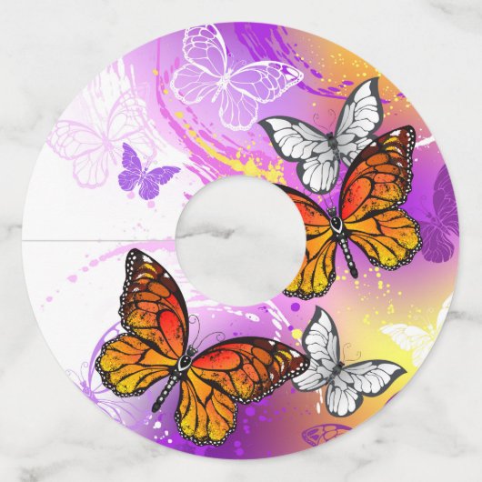 Monarch Butterflies op Paarse achtergrond Wijnglaslabel (Achterkant)