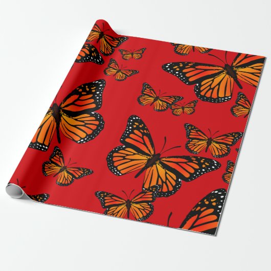 Monarch Butterflies op Red Cadeaupapier (Uitgerold)