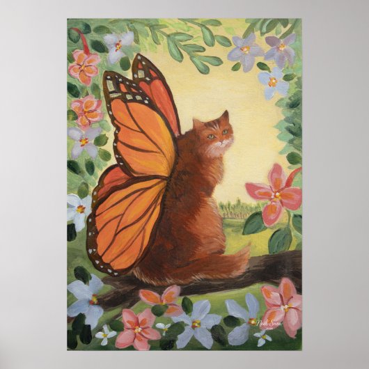 Monarch Butterfly Cat in Meadow Wall Art Poster (Voorkant)