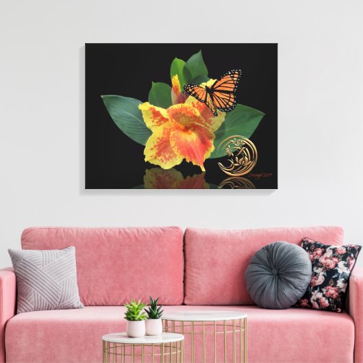 Monarch Butterfly en Canna Lily op canvas (Insitu (Woonkamer))