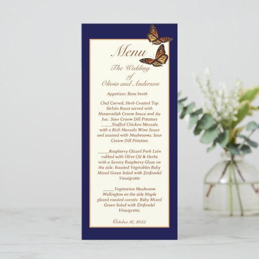Monarch Butterfly en Dalila Ivory Trouwen Menu (Staand voorkant)
