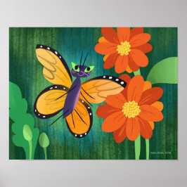 Monarch Butterfly en Red Mum Daisies Poster