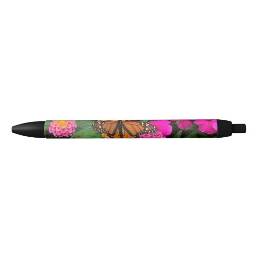 Monarch Butterfly en Roze Flowers Zwarte Inkt Pen (Voorkant)