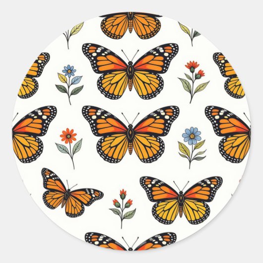 Monarch Butterfly Floral Pattern Ronde Sticker (Voorkant)