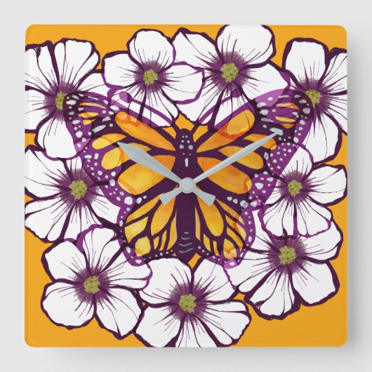 Monarch Butterfly Floral Vierkante Klok (Voorkant)