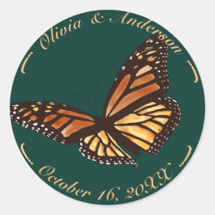 Monarch Butterfly Forest Green Fall Wedding Ronde Sticker