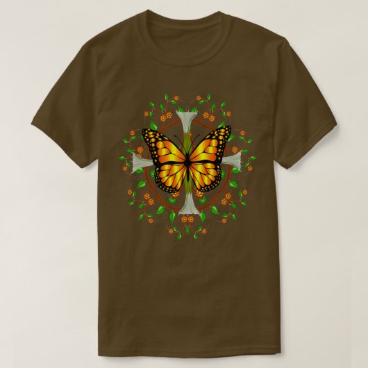 Monarch Butterfly met Datura Blooms Leaf Mandala T-shirt (Design voorkant)