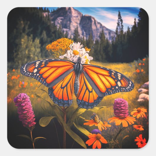 Monarch Butterfly Mountain Beauful Meadow Natuur Vierkante Sticker (Voorkant)