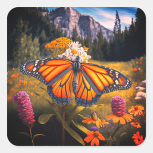 Monarch Butterfly Mountain Beauful Meadow Natuur Vierkante Sticker