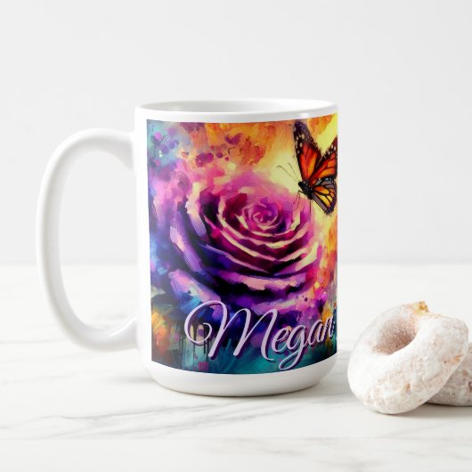 Monarch Butterfly on Rose at Sunset Personalized Koffiemok (Met donut)