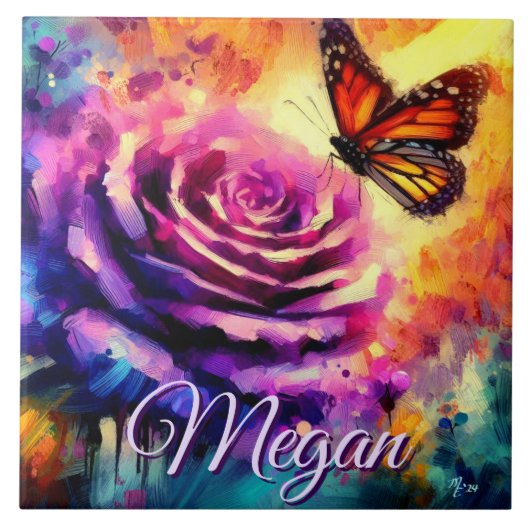 Monarch Butterfly on Rose at Sunset Personalized Tegeltje (Voorkant)