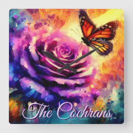 Monarch Butterfly on Rose at Sunset Personalized Vierkante Klok