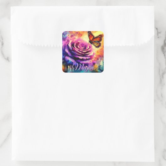 Monarch Butterfly on Rose at Sunset Personalized Vierkante Sticker (Tas)