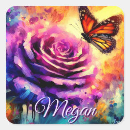 Monarch Butterfly on Rose at Sunset Personalized Vierkante Sticker