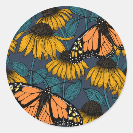 Monarch butterfly on yellow coneflowers ronde sticker (Voorkant)