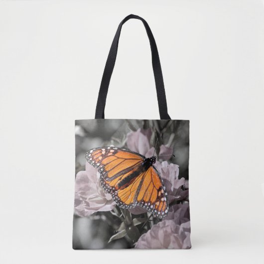 Monarch Butterfly op gedempte roze en grijze bloem Tote Bag (Voorkant)
