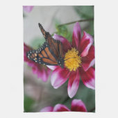 Monarch Butterfly op Hot Pink Dahlia Bloem Foto Theedoek (Verticaal)