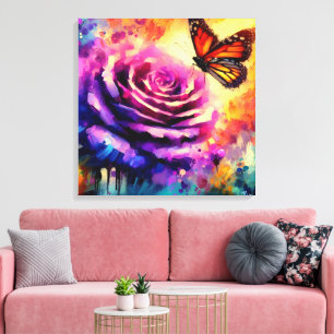 Monarch Butterfly op Paarse Roos bij Sunset Floral Canvas Afdruk