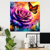 Monarch Butterfly op Paarse Roos bij Sunset Floral Poster (Thuiskantoor)