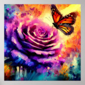 Monarch Butterfly op Paarse Roos bij Sunset Floral Poster (Voorkant)