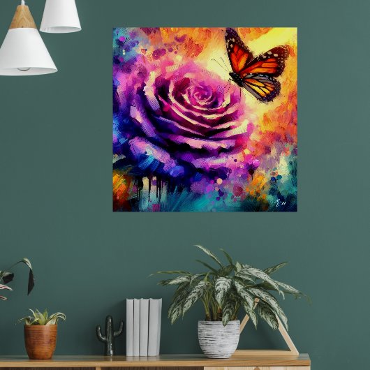 Monarch Butterfly op Paarse Roos bij Sunset Floral Poster (Woonkamer 1)